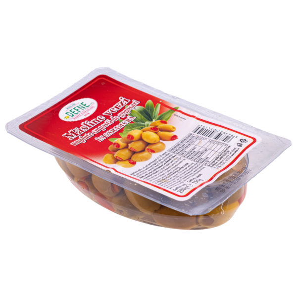Masline verzi umplute cu pasta de gogosari in saramura Defne 200g