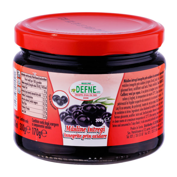 Masline negre intregi innegrite prin oxidare Defne 300g