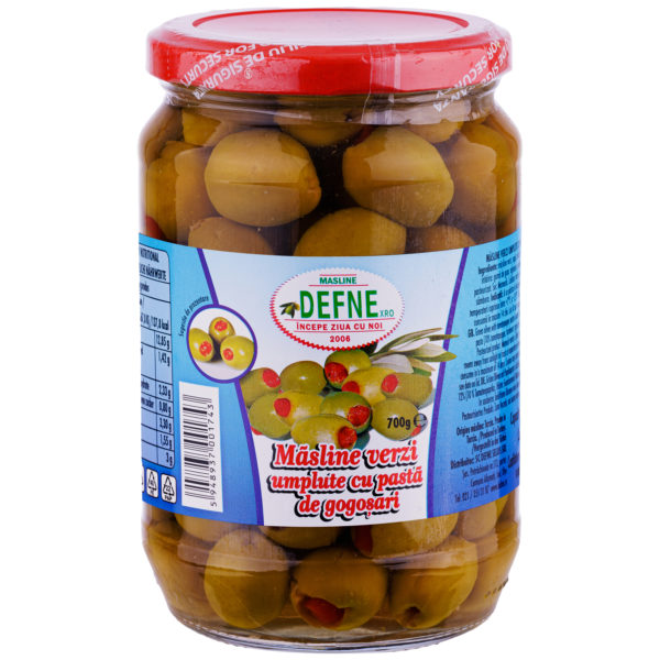 Masline verzi umplute cu pasta de gogosari Defne 720ml