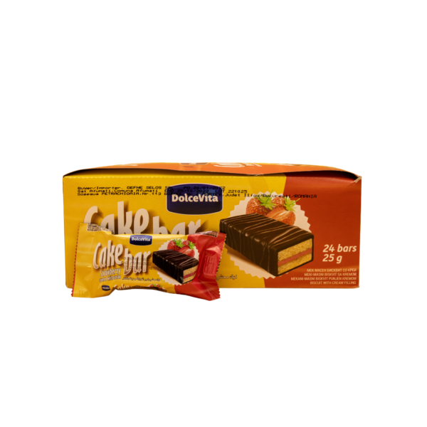 Cake bar Dolce Vita - prajitura cu crema cu aroma de capsuni si glazura de ciocolata 25g