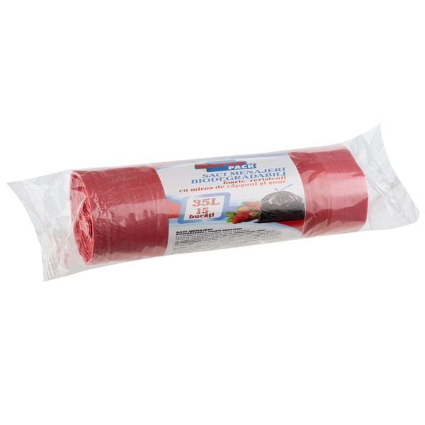 Saci menaj biodegradabili cu snur si miros de capsuni Merve Pack 35L