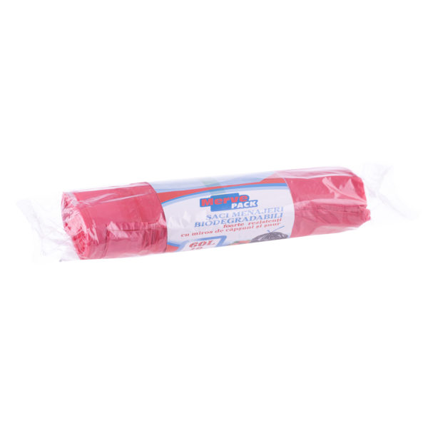 Saci menaj biodegradabili cu snur si miros de capsuni Merve Pack 60L