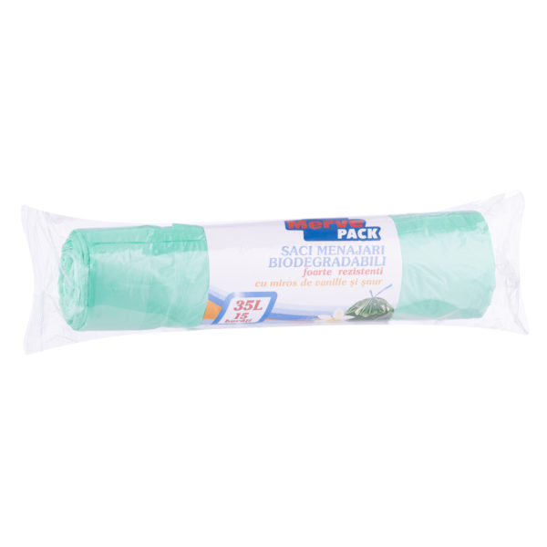 Saci menaj biodegradabili cu snur si miros de vanilie Merve Pack 35L